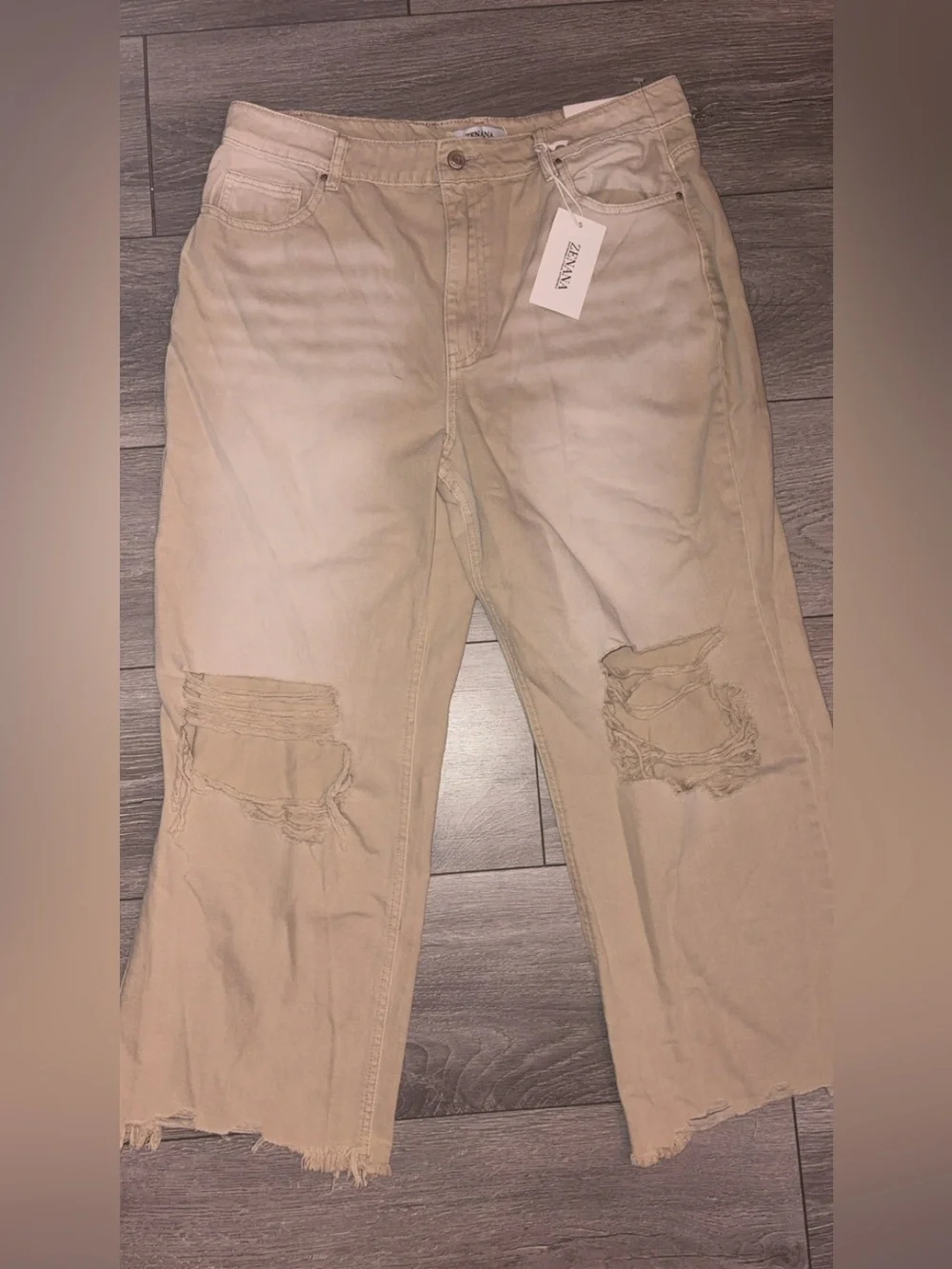 Zenana Women’s Cropped High Rise Jeans Beige Khaki Plus Size 32 distressed New!
